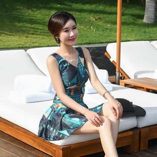 黛岱泳衣女连体平角裙式保守遮肚显瘦大码胖MM泡温泉中老年妈妈款泳装 9911绿花 XL (身高155-160cm，105-115斤)