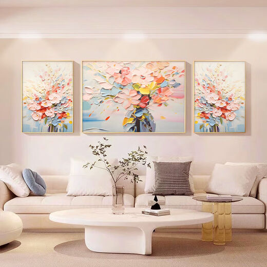 Peach Beauty Creme Blume Wohnzimmer Dekoration Gemälde Textur Triptychofa Hintergrund Wand Zusammenfassung Hängende Malerei Moderne einfache Wandveränderung 3890 Nektar-C [Standard goldbürstete Aluminium-Legierungsrahmen] Medium 70*50 Seiten 35*50 [Textilkristallporzellanstrich]