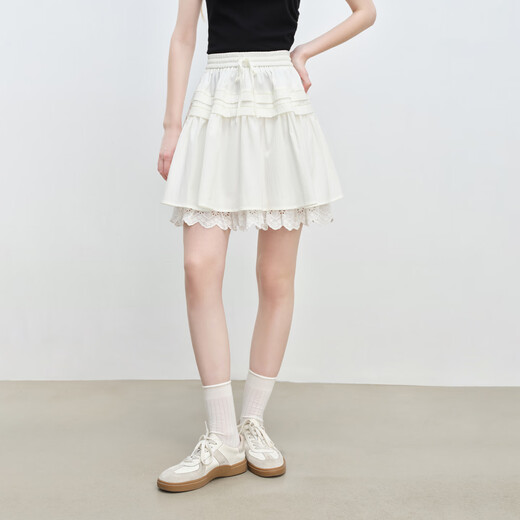 自巧小个子蕾丝拼接设计感短款半身裙女夏季2025新款蛋糕a字短裙 雅白色 S （尺码：3）