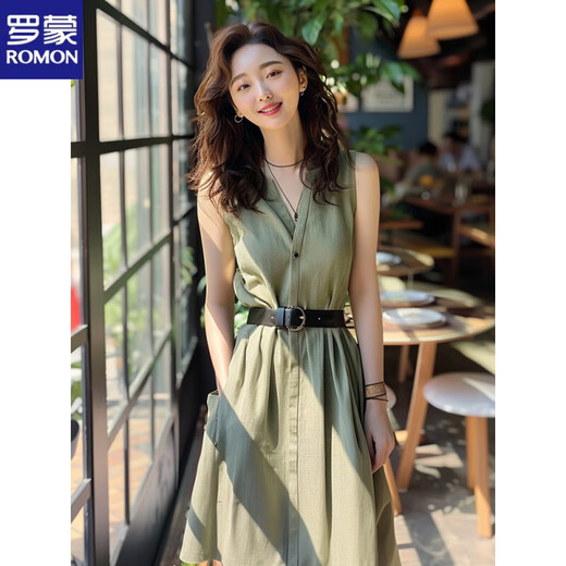 ROMON military green dress 2025 summer new light luxury high-end feeling to cover the flesh to make you look slimming this year's popular skirt for women Green belt L 115-130