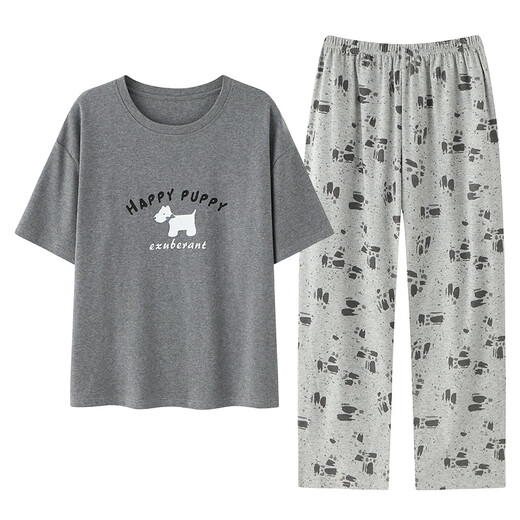 
Catman (MiiOW) women's pajamas summer pure cotton short-sleeved trousers 2025 new summer gray casual home clothing set YZ9720 pink gray pants M 80-95Jin [Jin equals 0.5 kg]