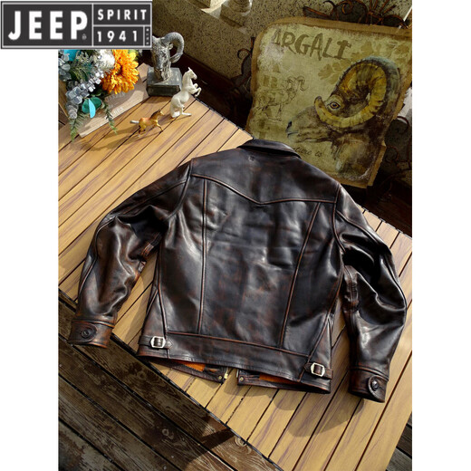 JEEP SPIRIT Mendoza Heavy Industry Washed Distressed Horseskin Leather Jacket Retro Workwear Leather Jacket Ami Khaki Genuine Leather Jacket Men Unlined M