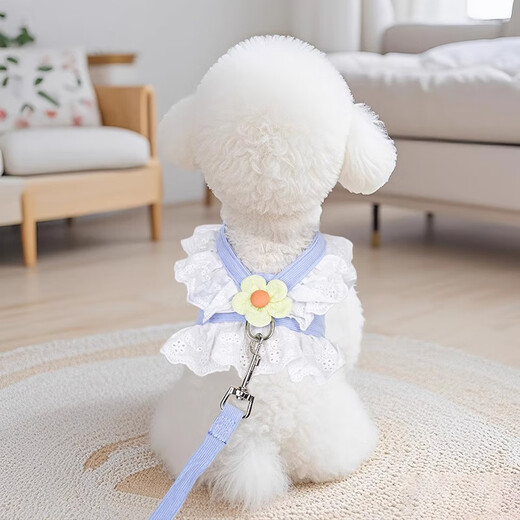 Amor's new dog leash, cute little flower skirt, breathable harness, Teddy Pomeranian pet cat, for summer outing, denim pink, Korean style, small flower harness + 1.5m rope