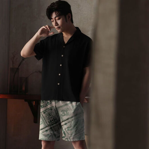 
Langsha pajamas men's ice silk short-sleeved summer thin large-size home clothes can be worn outside in summer cool plaid 2025 new style WR13077 men's L