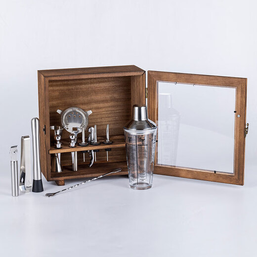 Fernas Stainless Steel Mixer Cocktail Mixing Tool Set Shaker Jug Beat Lemon Combination with Wooden Frame Dustproof 600ml Glass Shaker-13 Piece Set