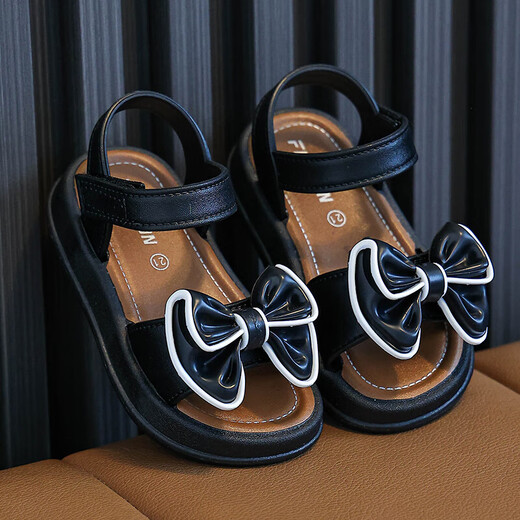 Children's Princess Sandals 2025 New Summer Anti-Slip Soft Sole Girls' Velcro Velcro Small Children's Baby Beach Shoes Black 35 Inner Length 21CM