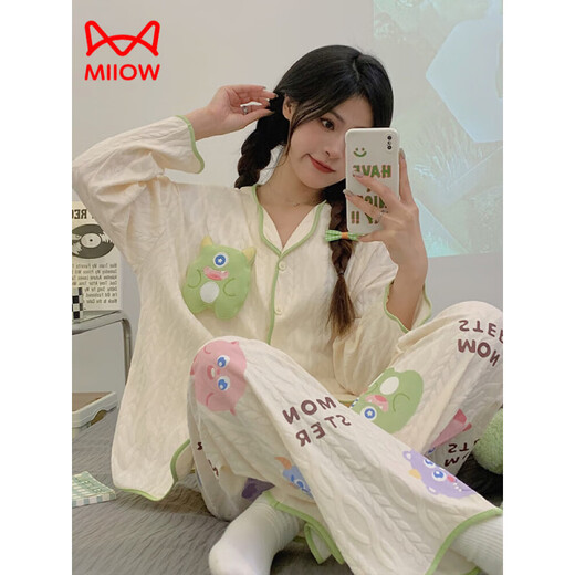 
MIIOW KING Catman Elvis pure cotton pajamas for women Spring and Autumn New Long Sleeve Trousers Loose Cardigan Sweet Cartoon Cute Home Clothing Set 9207 Dingdang Cat M [Suggested 80-100Jin [Jin equals 0.5 kg]]