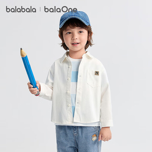 Balabala children's shirt boys long-sleeved parent-child wear 2025 new autumn wear fully brushed college style loose and versatile skin-friendly white 10101 90