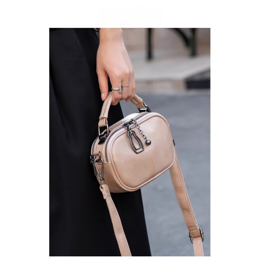 CALCULAT&KEEN Sac rond en cuir souple Sac à main multi-fermeture éclair 2025 nouveau sac à bandoulière large bandoulière simple petit sac à bandoulière simple pour femme couleur thé au lait_avec deux bretelles