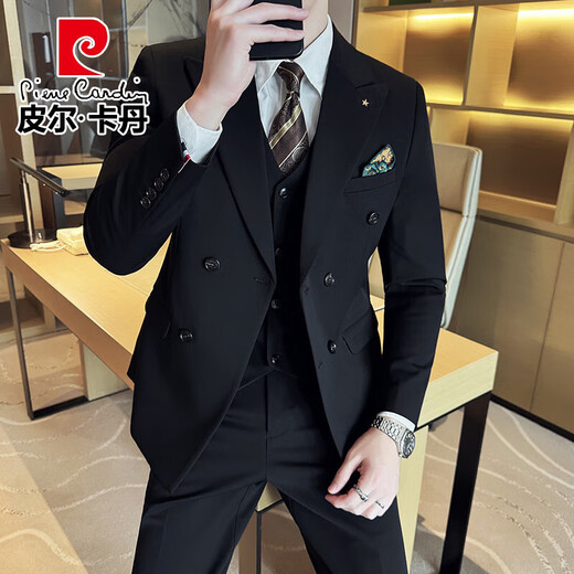 Pierre Cardin groom wedding suit men's peaked lapel slim dress business professional formal double-breasted suit men black three-piece suit XL (suitable for 126-140 Jin Jin equals 0.5 kg)