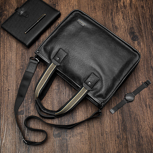 
COW briefcase men's head layer cowhide men's handbag large capacity genuine leather bag C-8621 elegant black 14 inches