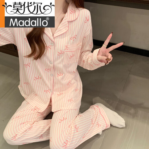 莫代尔甜美条纹ins韩系蝴蝶结印花夏季新款皱布睡衣女家居服短袖三件套 套KK3523# M 【建议80-100斤】