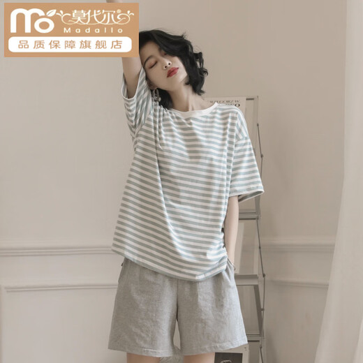 莫代尔2025年新款睡衣女夏季棉质短袖两件套夏天条纹家居服 YZT9853 M 女款 建议80-100斤