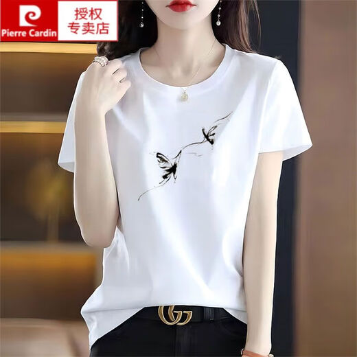 皮尔卡丹（pierre cardin）纯棉国风白色t恤女短袖宽松简约百搭水墨印花夏季2025新款上衣潮 6172烟熏紫 短袖 M (建议80-105斤)