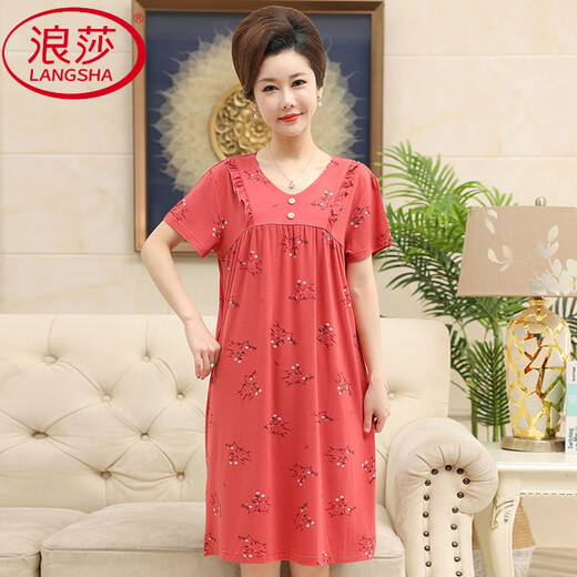 LangSha nightgown for women in summer short-sleeved cool feeling modal thin cotton silk mother loose long dress for mothers Y9905 L [recommended %7E120Jin [Jin equals 0.5 kg] wear]