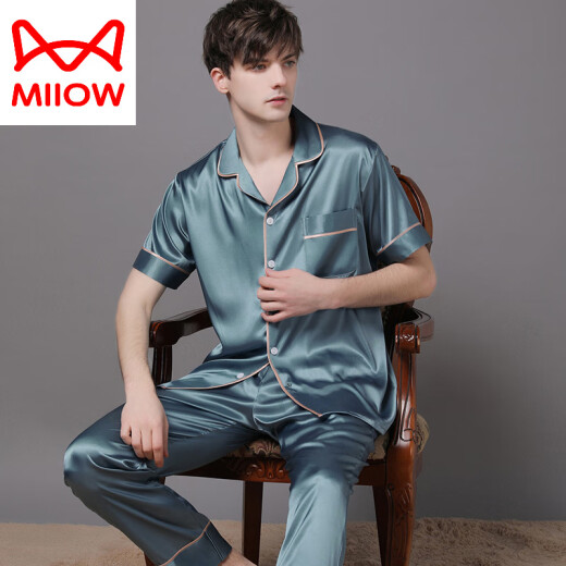 猫人（MiiOW）真丝睡衣男士2025年新款夏季薄款短袖长裤丝绸感大码套装 大气黑6223 L (115-140斤)