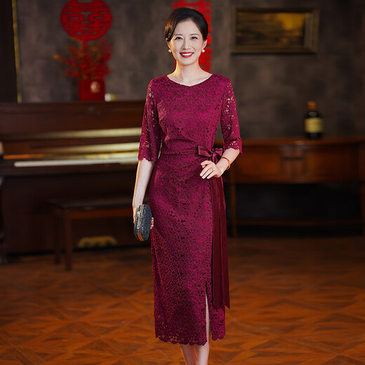 离境天旗袍2025新品婚礼妈妈礼服高贵新款喜婆婆婚宴装蕾丝改良连衣裙洋 9761酒红色 M建议90-100斤 均码