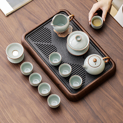 Bowei (BW) sky blue Ru kiln tea set household kung fu tea set complete set can grow gold silk cicada wings pattern happy green with mountain view