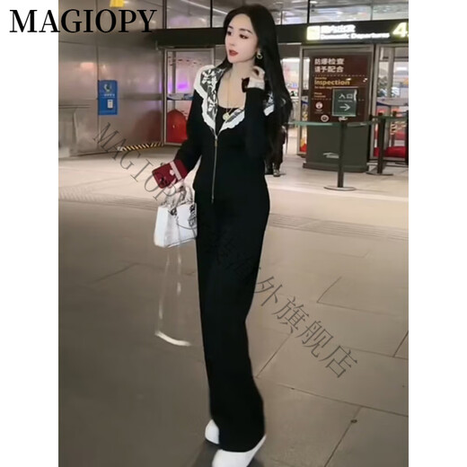 Magiopy International Luxus High-End-Marke Design Sinn Korean Casual Fashion Anzug für Frauen Frühling Spitze Spitze schwarzer Jacke schwarze zweiteilige Sets S (100jin [Jin Equals Equals 0,5 kg]))