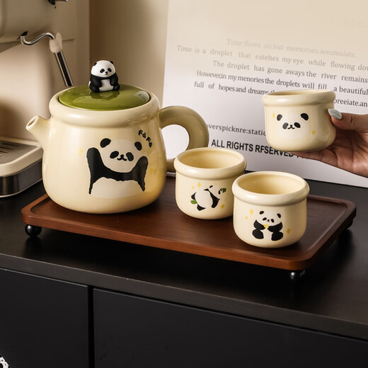 Qiao丂Panda Ceramic Water Set One Pot Four Cups Flower Teapot Mark Water Cup Tea Set Complete Housewarming New Wedding Souvenir Gift Box 1 Pot 4 Cups Tea Tray Not Included