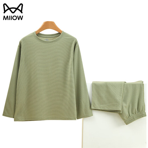 MiiOW New Couple Pajamas for Men and Women Spring and Autumn Waffle Long Sleeve Round Neck Pullover Solid Color Wearable Outerwear Home Clothing Set Black - Male L