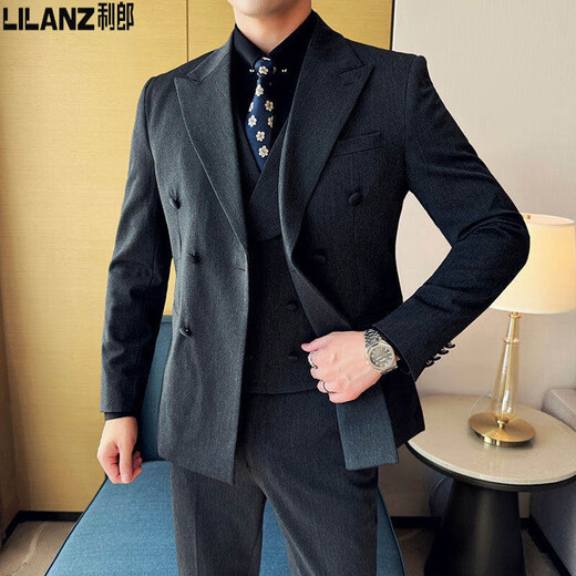 Lilang suit men's wedding striped groom's formal dress double-breasted British style casual slim three-piece suit dark gray L