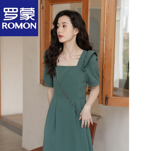 Romon FRINCHS Vestido cuadrado Cuello corto Summer Summer El nuevo diseño de nicho se siente que abraza la cintura y la falda verde adelgazante Trendy Dark Green M recomendado 97-107Jin [Jin iguala 0.5 kg]