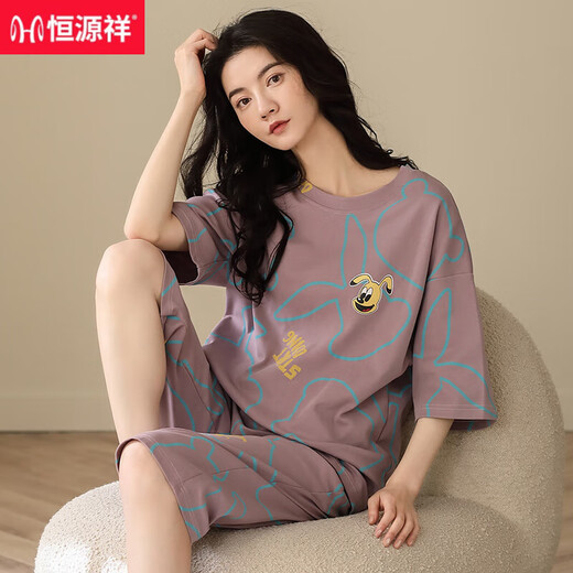 恒源祥睡衣女款夏季纯棉短袖七分裤全棉圆点可外穿女士家居服妈妈居家 9854 【纯棉】 M 建议80-100斤穿