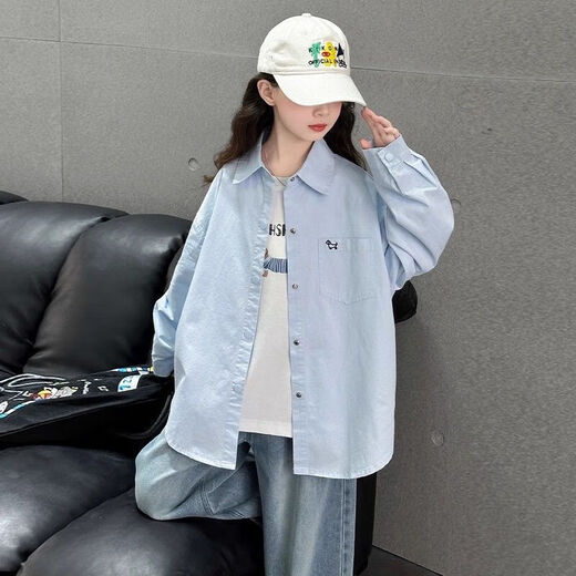 Girls Spring and Autumn 2025 New Medium and Large Children's Casual Shirts Children's Wear Boys' Style Tops Blue 170