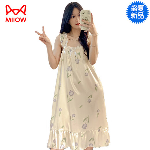 猫人（MiiOW）睡裙女夏季自带胸垫冰丝凉感吊带睡衣夏天女士甜美可爱家居服春秋 3887【不可拆胸垫】 M 【75-100斤】