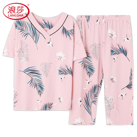 浪莎（LangSha）中老年睡衣女式纯棉短袖七分裤薄款夏天妈妈家居服宽松两件套 浅粉 MT5009# M 【建议75-100斤】