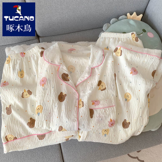 Woodpecker Hellokitty Pure Cotton Gaze Pyjamas für Frauen im Sommer kurzärmelig 2025 NEU NETTE DREIGE-SETTE HAUS KLEIDE YUNDUO COTTON-9906# STAR PUPPY DRÜCK SET M [Vorgeschlagen 75-100jin [Jin gleich 0,5 kg]]