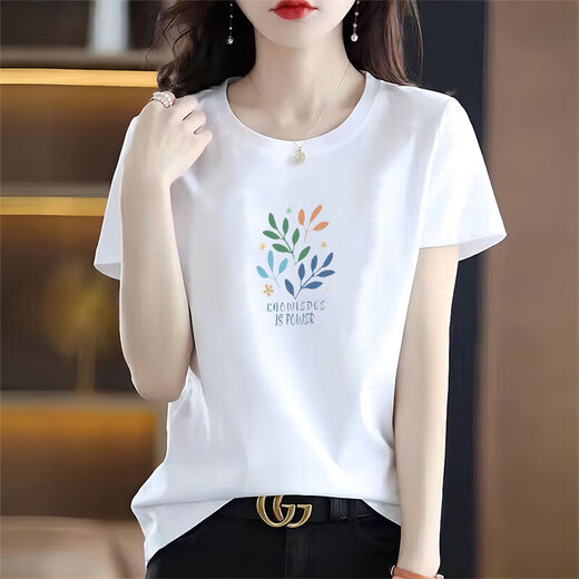 以纯 YISHION捡漏品牌撤柜纯棉白色短袖t恤女装宽松印花体恤衫夏季上衣服 6193白色 短袖 M (建议80-105斤)