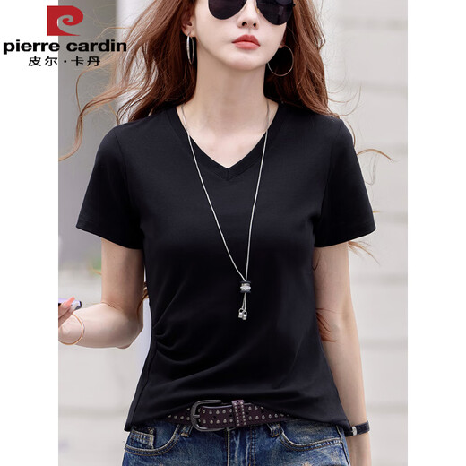 Pier Cardin v-neck pure cotton T-shirt for women's short-sleeved design, shoulder pleated base shirt, new summer style slim and fashionable half-sleeved top 6626 blurred red (fish bone style) XL Recommended 115-125Jin [Jin equals 0.5 kg]
