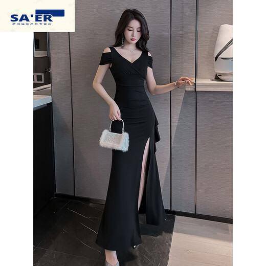 Mgtces Nightclub sexy Kleid rein und sexy Nachtclub Schlitz Langer Rock Abendkleid Frauen 2025 neuer Stil schwarz 3882 m