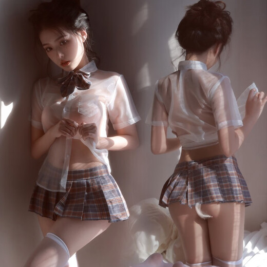 情器内衣女jk制服纯欲可爱校园透视小胸显大诱惑免脱性感暴露服装 粉格jk制服+9756网衣 均码建议80-125斤