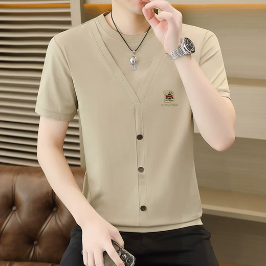
Woodpecker (TUCANO) summer ice silk knitted fake two-piece short-sleeved T-shirt men's Korean style slim and cool and thin half-sleeved T-shirt top 6625 black M (90-110Jin [Jin equals 0.5 kg])