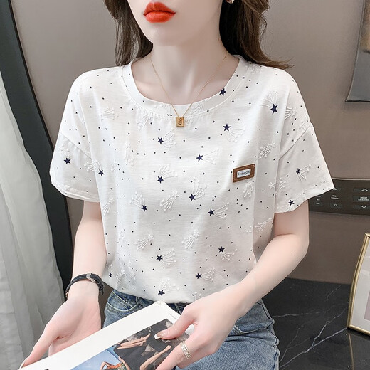 GTYUWVG纯棉印花t恤女短袖夏装2025年新款宽松印花设计感百搭体恤上衣潮 1396#白色 S 适合80-99斤