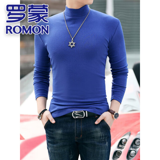 ROMON pure cotton half-high collar men's long-sleeved T-shirt slim-fit thick autumn and winter solid color inner warm tight-fitting bottoming shirt top Brown XL 140Jin Jin equals 0.5kg, left and right