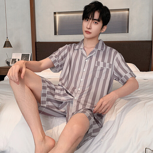 Yalu 2025 Sommer Youth Cardigan Casual Pyjama Herren-Eisseide Kurzärärmelte Shorts Anzug Hauskleidung kann außerhalb von 6624 l empfohlen werden 100-120jin [Jin entspricht 0,5 kg]