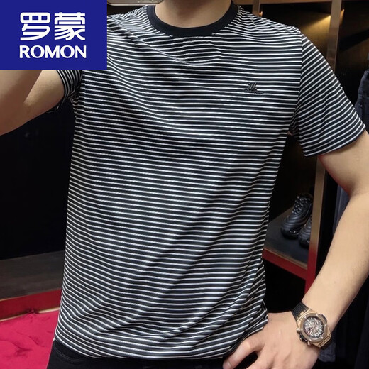 罗蒙（ROMON）2025年夏季新品圆领条纹短袖男士T恤休闲半袖修身打底衫运动t恤潮 9901黑色 M 建议90-115斤