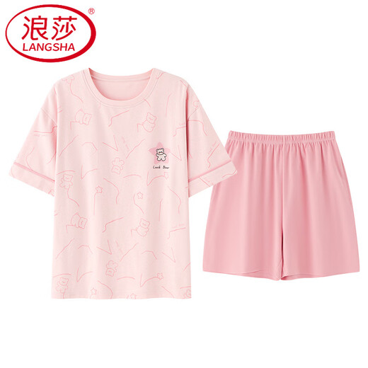 
LangSha light luxury pajamas for women in summer shorts shorts cotton round neck thin sweet pink home clothing set can be worn outside Z9855 M [80-100Jin [Jin equals 0.5 kg] wear]