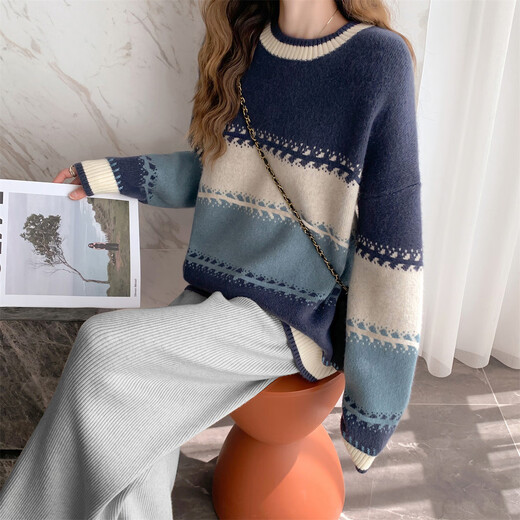 Tang Shi 2025 autumn women's round neck color-blocking wide striped pullover sweater age-reducing versatile Korean style casual and fashionable