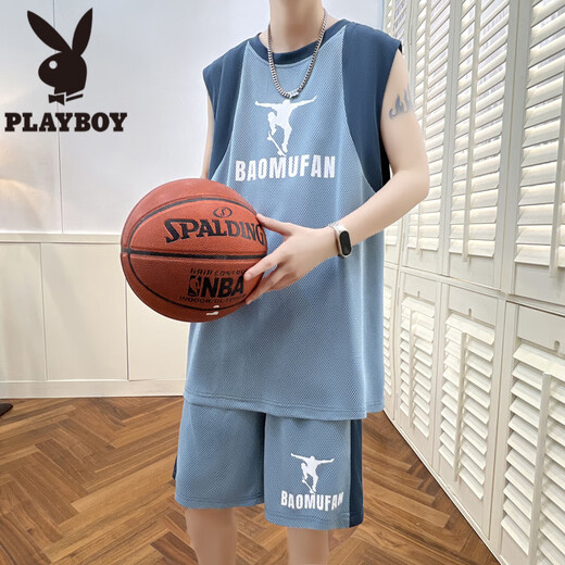 花花公子（PLAYBOY）冰丝无袖t恤男孩12-15岁青少年学生速干篮球服13大童背心运动套装 6636深灰(背心+短裤) 品质保证 L 100-120斤左右