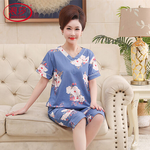 浪莎（LangSha）中老年睡衣女式纯棉短袖七分裤薄款夏天妈妈家居服宽松两件套 浅粉 MT5009# M 【建议75-100斤】