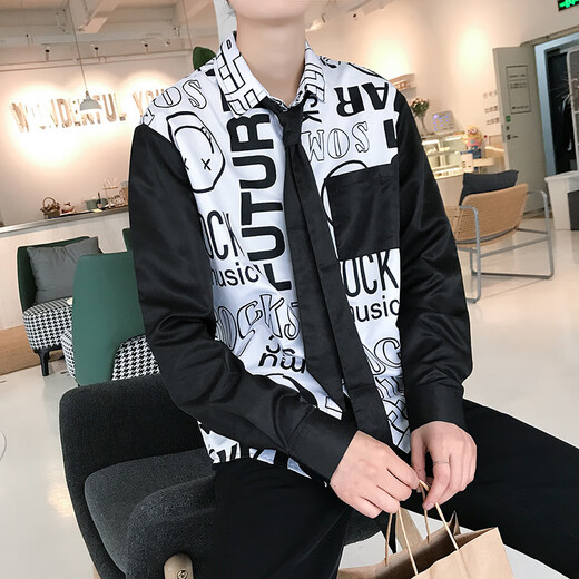 Fhhuabd sommer dünnes Zeitungshemd Herren koreanische lose und hübsche Langarmhemd trendy und gutaussehendes Krawattenhemd 9928 s