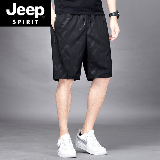 JEEP SPIRIT五分裤男士夏季冰丝薄款速干透气休闲宽松加大码运动短裤沙滩裤子 7029黑色 M 80-100斤