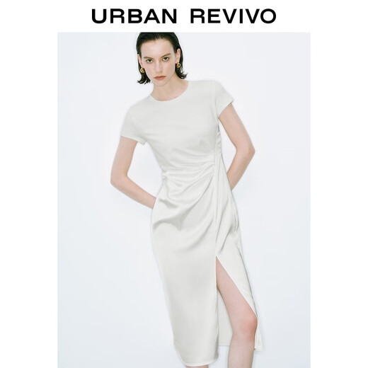 UR [heiß] 2025 Sommer Neues Frauen mit kurzärärmernem Kleid von Falten geschlitzt UWM750078 Elfenbeinweiß S