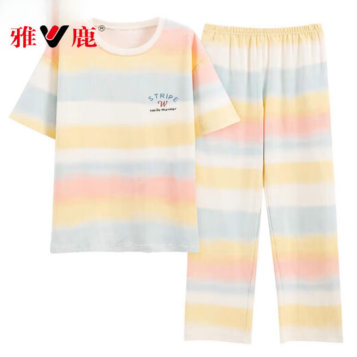 Yalu pajamas for women in spring and summer pure cotton short-sleeved trousers thin Korean cute rainbow contrasting home clothing set Z9711 2XL [recommended 140-160Jin [Jin equals 0.5 kg] wear]