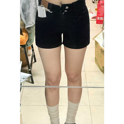 Qumile black denim hot girl shorts women's summer high waist fat mm large size slim little sports ultra short a-line hot pants black XL recommended 115-130 Jin Jin equals 0.5 kg